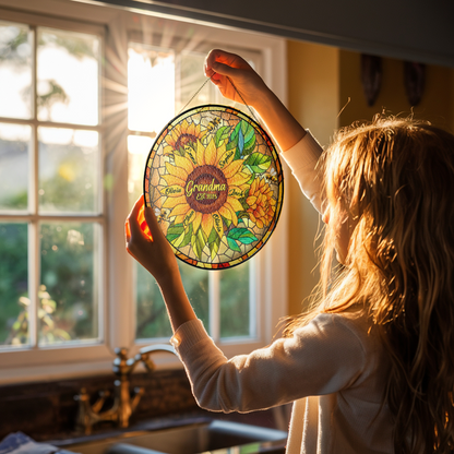 Personalized Grandma Sunflower Stained Glass Suncatcher – Custom Kids Names Window Hanging Gift for Grandma