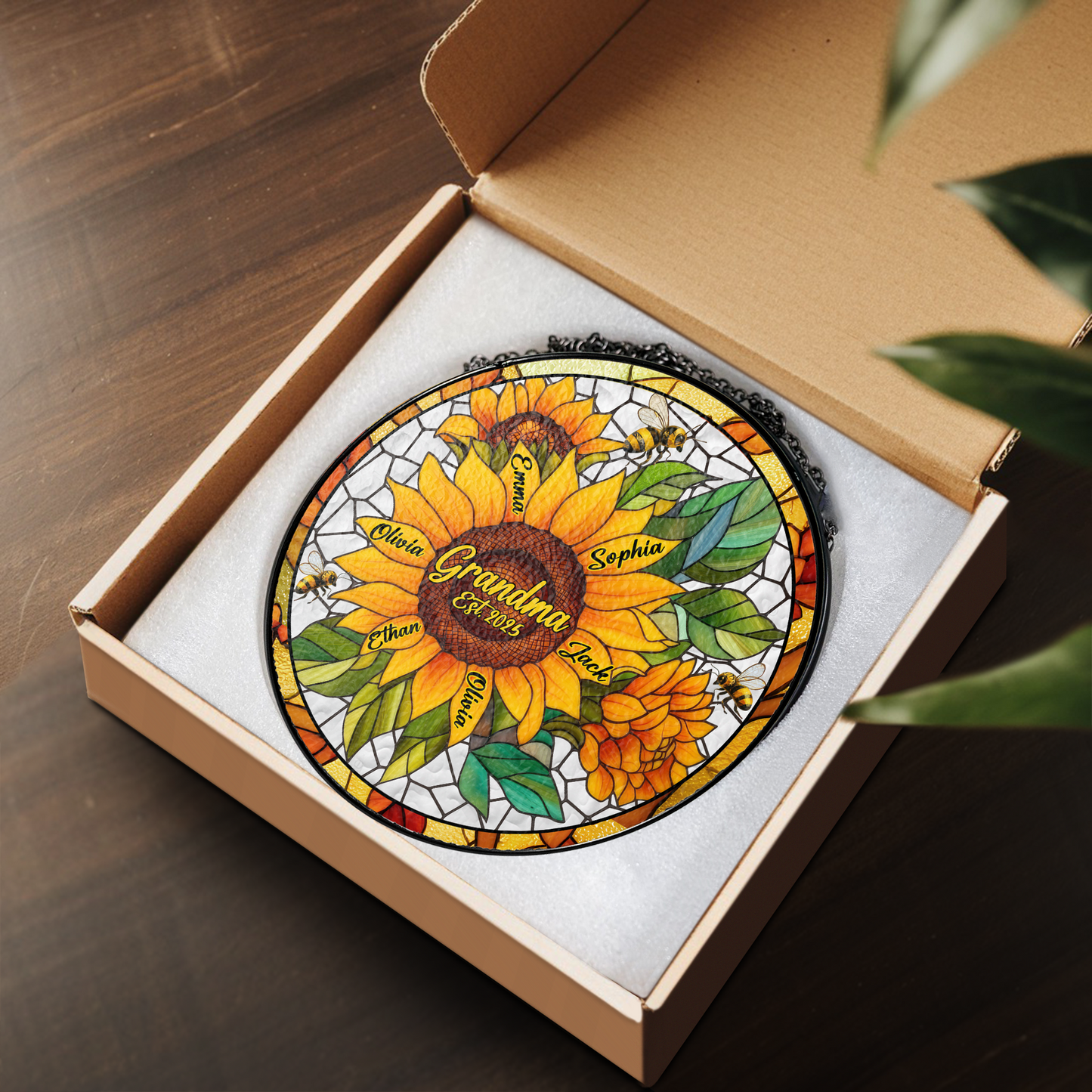 Personalized Grandma Sunflower Stained Glass Suncatcher – Custom Kids Names Window Hanging Gift for Grandma