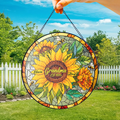 Personalized Grandma Sunflower Stained Glass Suncatcher – Custom Kids Names Window Hanging Gift for Grandma