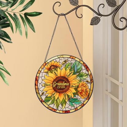 Personalized Grandma Sunflower Stained Glass Suncatcher – Custom Kids Names Window Hanging Gift for Grandma