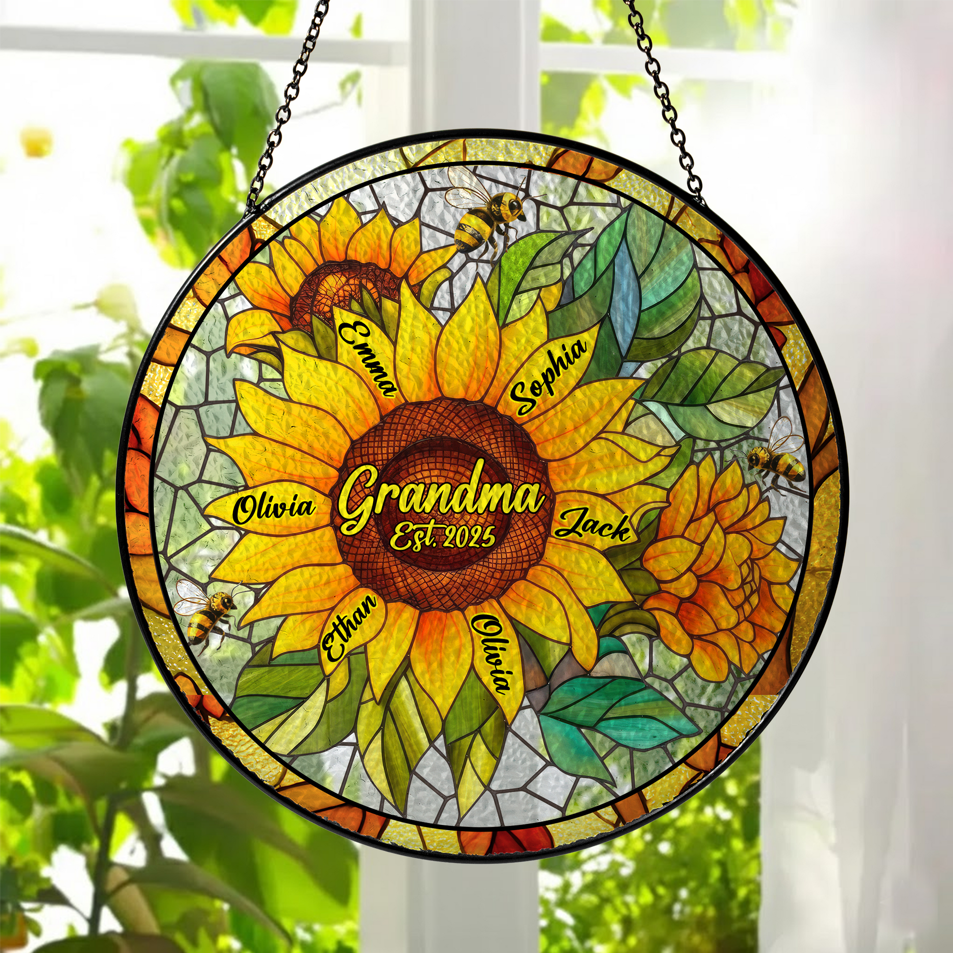Personalized Grandma Sunflower Stained Glass Suncatcher – Custom Kids Names Window Hanging Gift for Grandma