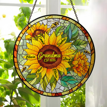 Personalized Grandma Sunflower Stained Glass Suncatcher – Custom Kids Names Window Hanging Gift for Grandma