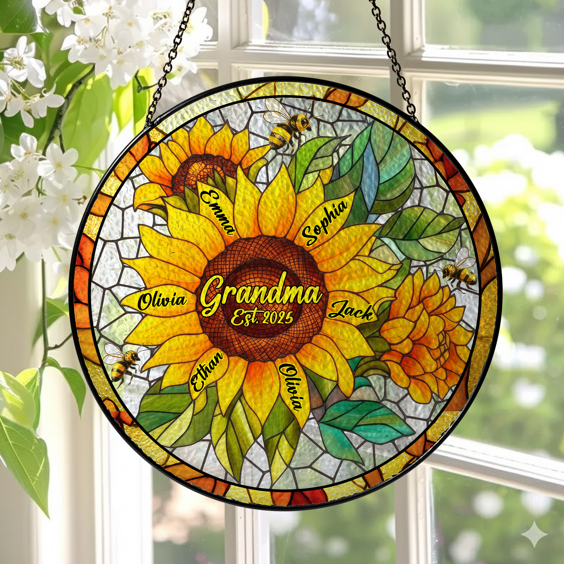 Personalized Grandma Sunflower Stained Glass Suncatcher – Custom Kids Names Window Hanging Gift for Grandma