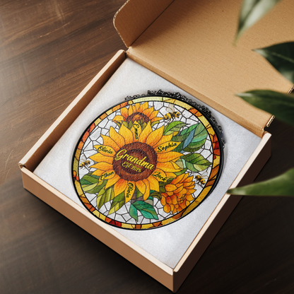 Personalized Grandma Sunflower Stained Glass Suncatcher – Custom Kids Names Window Hanging Gift for Grandma