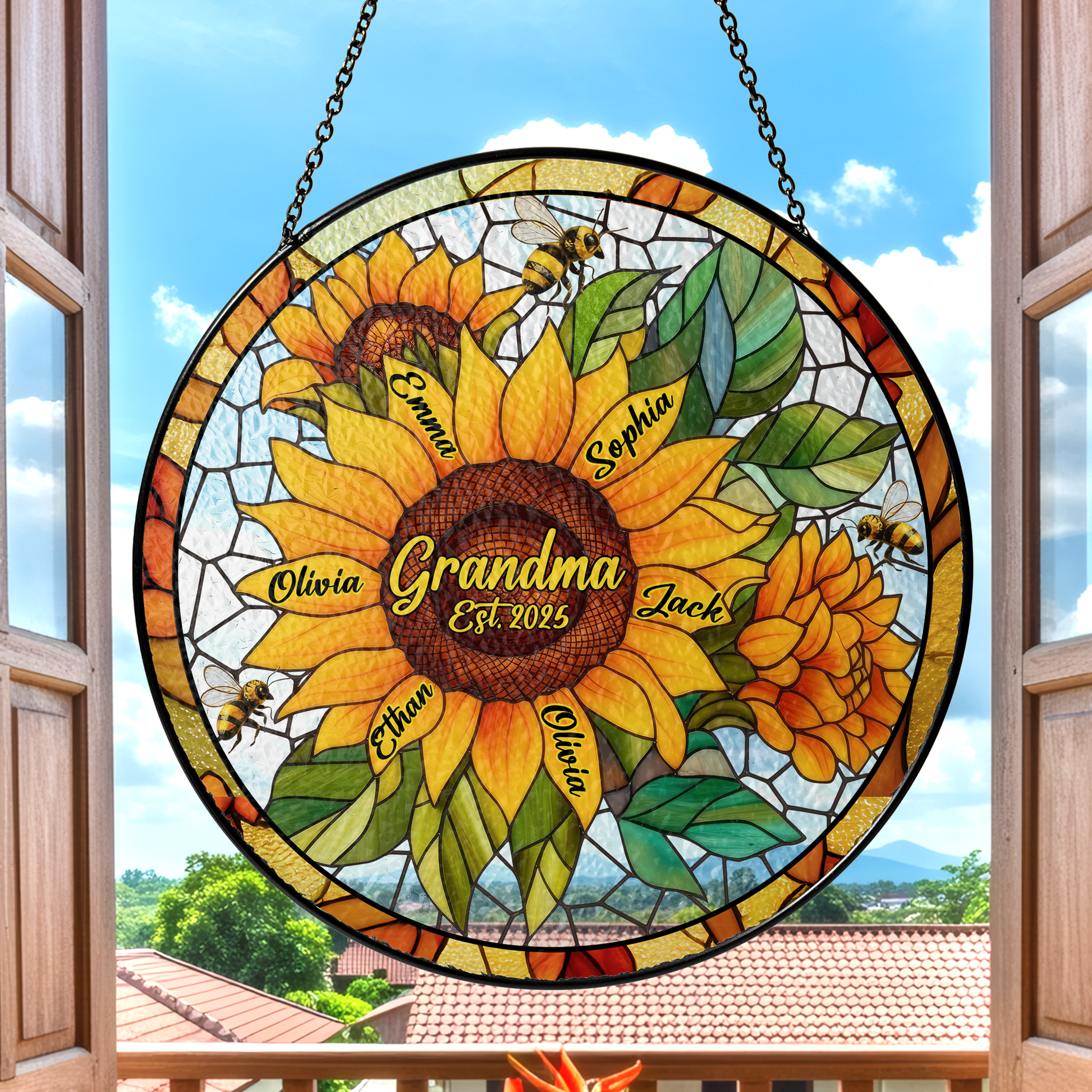 Personalized Grandma Sunflower Stained Glass Suncatcher – Custom Kids Names Window Hanging Gift for Grandma