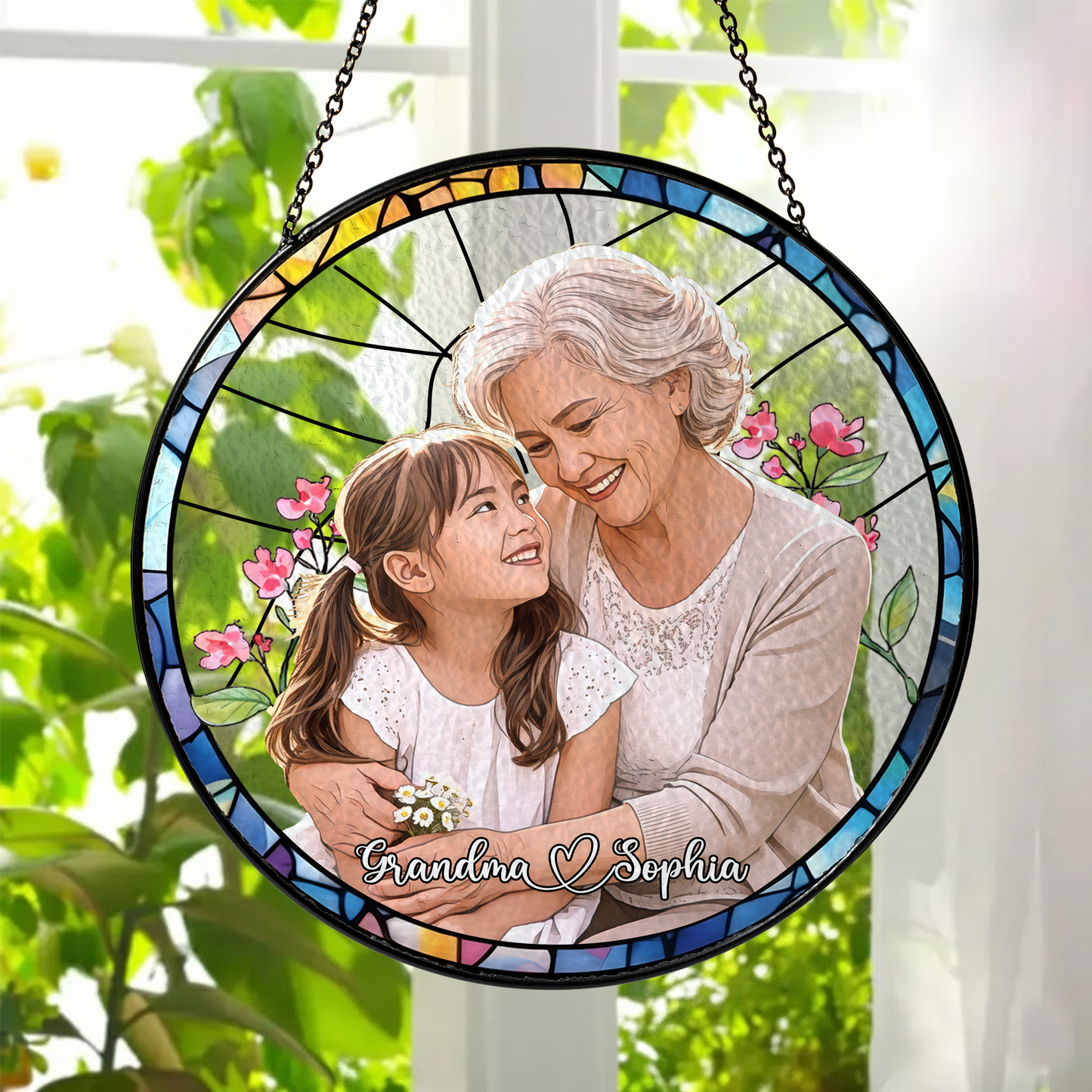 Personalized Grandma & Grandchild Photo Suncatcher – Custom Stained Glass Style Window Hanging Gift for Grandma