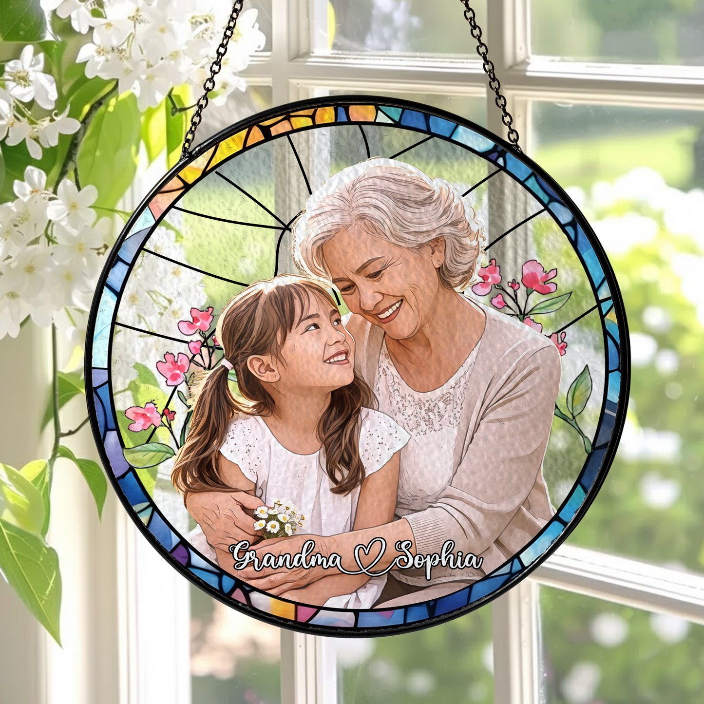 Personalized Grandma & Grandchild Photo Suncatcher – Custom Stained Glass Style Window Hanging Gift for Grandma