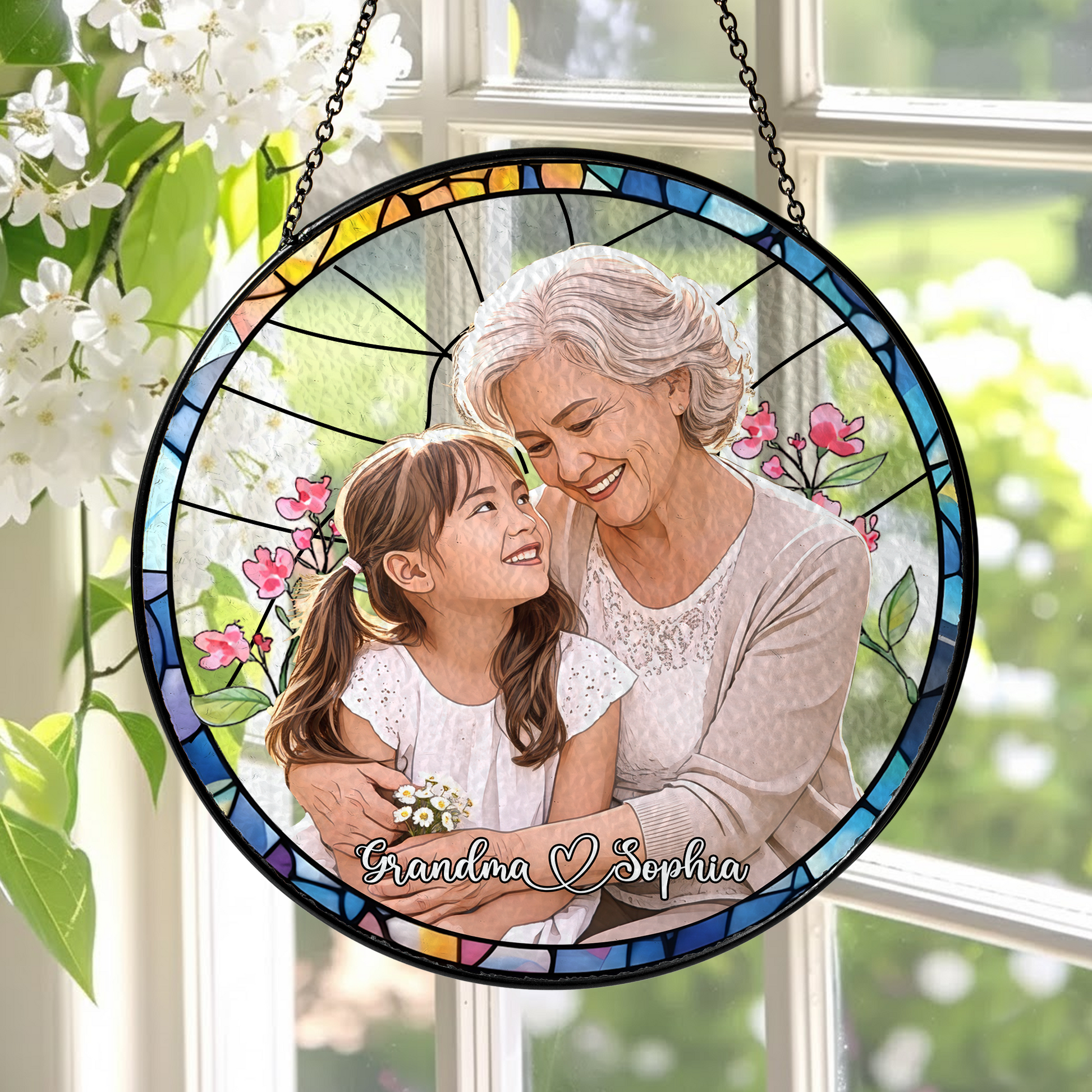Personalized Grandma & Grandchild Photo Suncatcher – Custom Stained Glass Style Window Hanging Gift for Grandma
