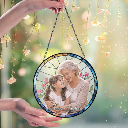 Personalized Grandma & Grandchild Photo Suncatcher – Custom Stained Glass Style Window Hanging Gift for Grandma