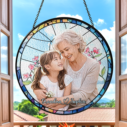 Personalized Grandma & Grandchild Photo Suncatcher – Custom Stained Glass Style Window Hanging Gift for Grandma