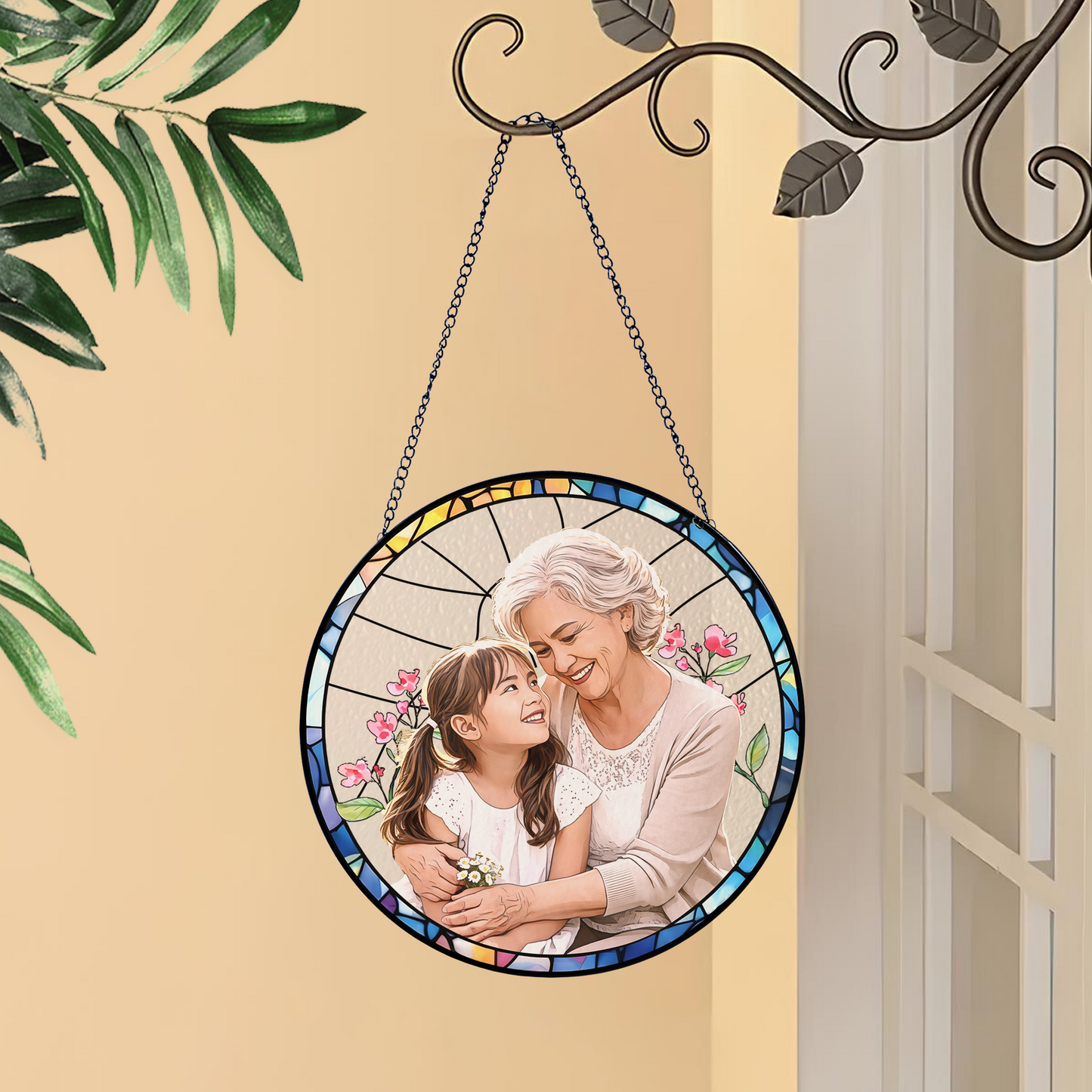 Personalized Grandma & Grandchild Photo Suncatcher – Custom Stained Glass Style Window Hanging Gift for Grandma