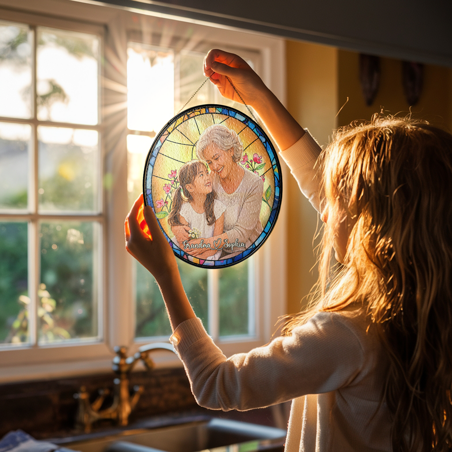 Personalized Grandma & Grandchild Photo Suncatcher – Custom Stained Glass Style Window Hanging Gift for Grandma
