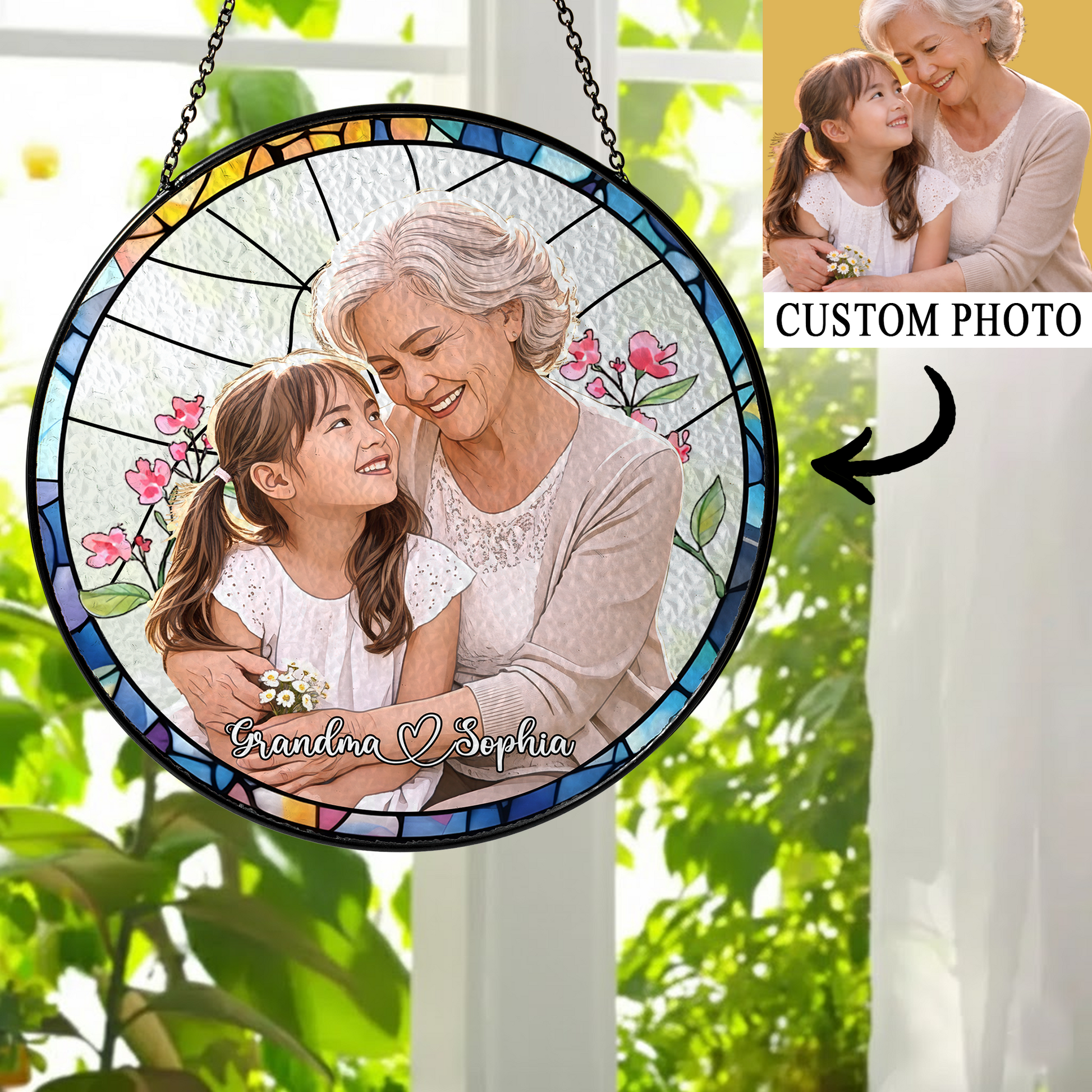 Personalized Grandma & Grandchild Photo Suncatcher – Custom Stained Glass Style Window Hanging Gift for Grandma
