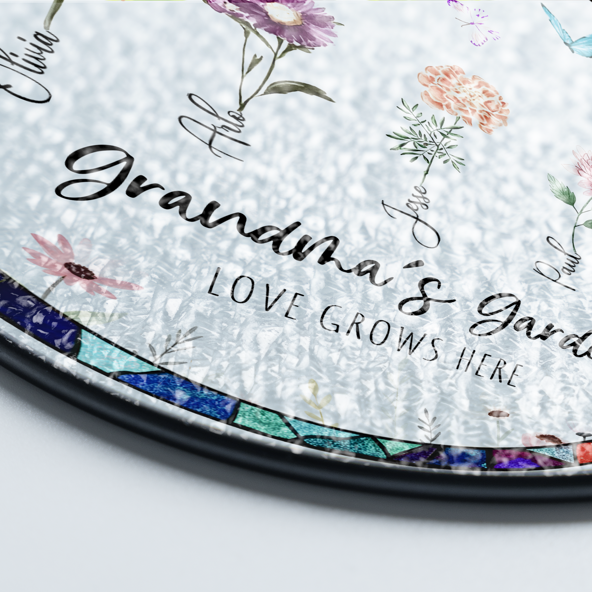 Personalized Grandma’s Garden Stained Glass Suncatcher – Custom Names Floral Window Hanging Gift
