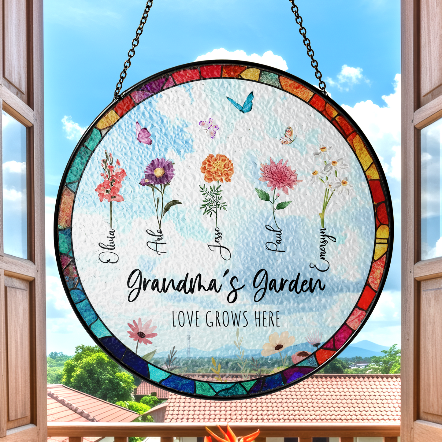 Personalized Grandma’s Garden Stained Glass Suncatcher – Custom Names Floral Window Hanging Gift
