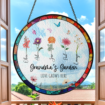 Personalized Grandma’s Garden Stained Glass Suncatcher – Custom Names Floral Window Hanging Gift