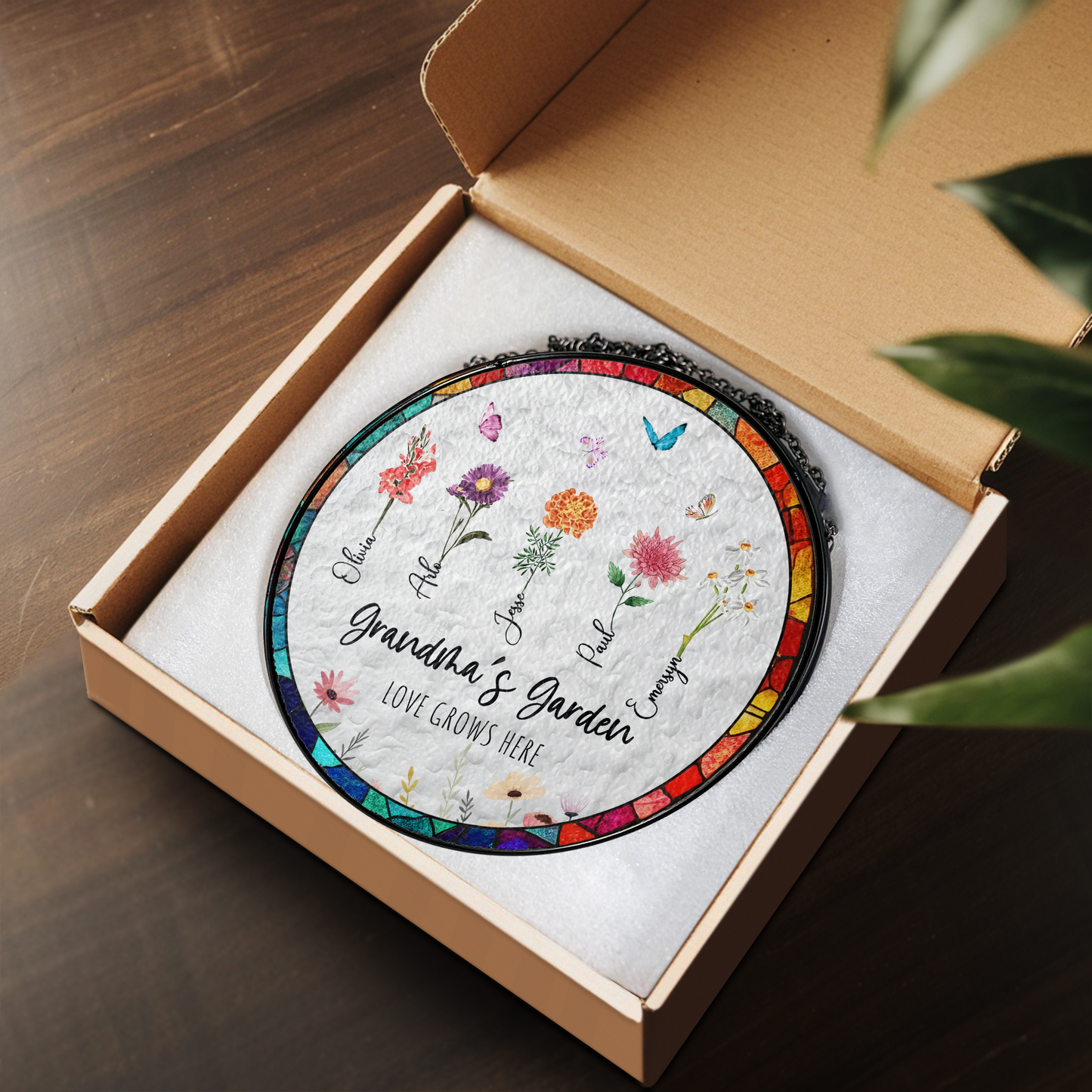 Personalized Grandma’s Garden Stained Glass Suncatcher – Custom Names Floral Window Hanging Gift