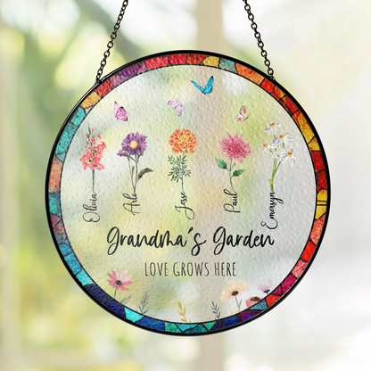 Personalized Grandma’s Garden Stained Glass Suncatcher – Custom Names Floral Window Hanging Gift