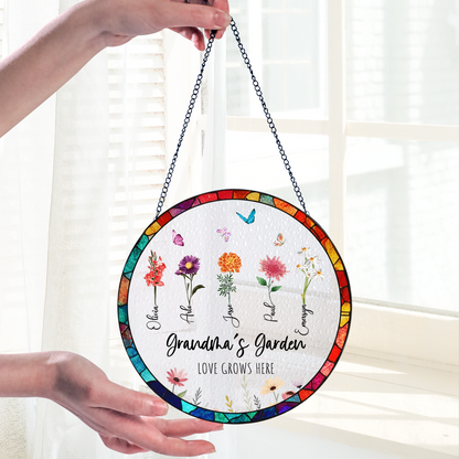 Personalized Grandma’s Garden Stained Glass Suncatcher – Custom Names Floral Window Hanging Gift