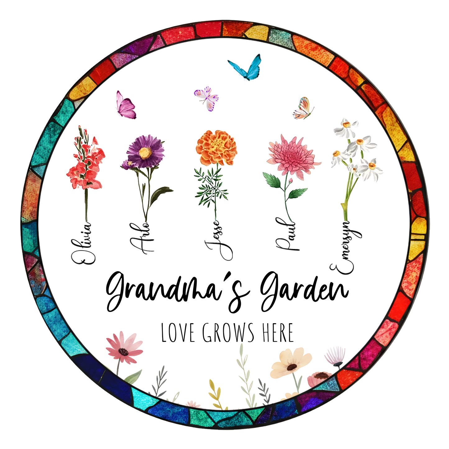 Personalized Grandma’s Garden Stained Glass Suncatcher – Custom Names Floral Window Hanging Gift