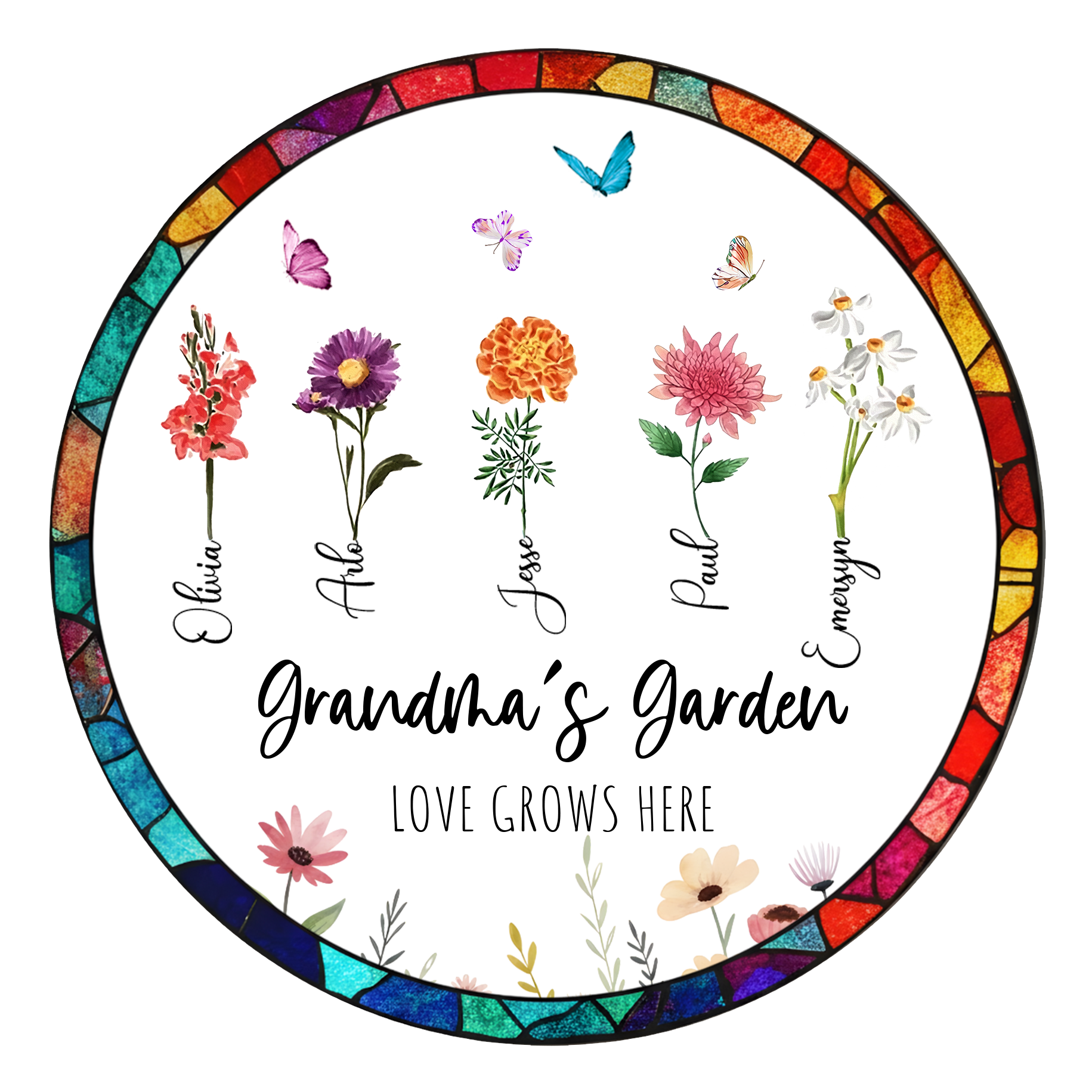 Personalized Grandma’s Garden Stained Glass Suncatcher – Custom Names Floral Window Hanging Gift