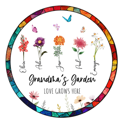 Personalized Grandma’s Garden Stained Glass Suncatcher – Custom Names Floral Window Hanging Gift