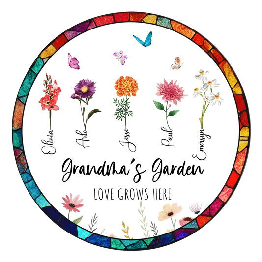 Personalized Grandma’s Garden Stained Glass Suncatcher – Custom Names Floral Window Hanging Gift