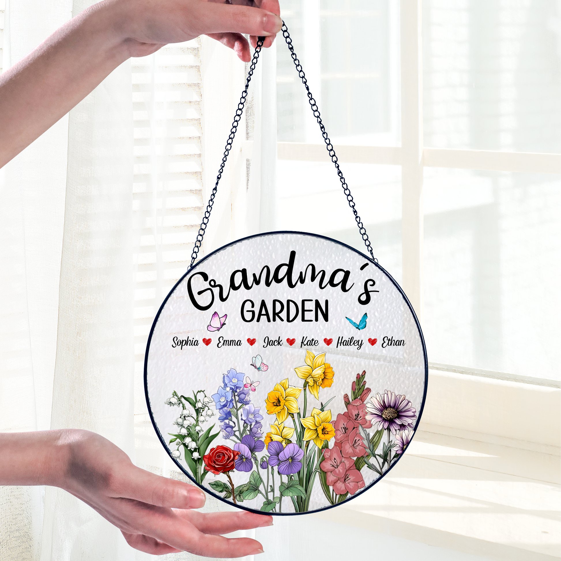 Personalized Grandma’s Garden Stained Glass Suncatcher – Custom Names Floral Window Hanging Gift for Grandma