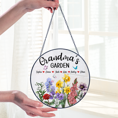 Personalized Grandma’s Garden Stained Glass Suncatcher – Custom Names Floral Window Hanging Gift for Grandma