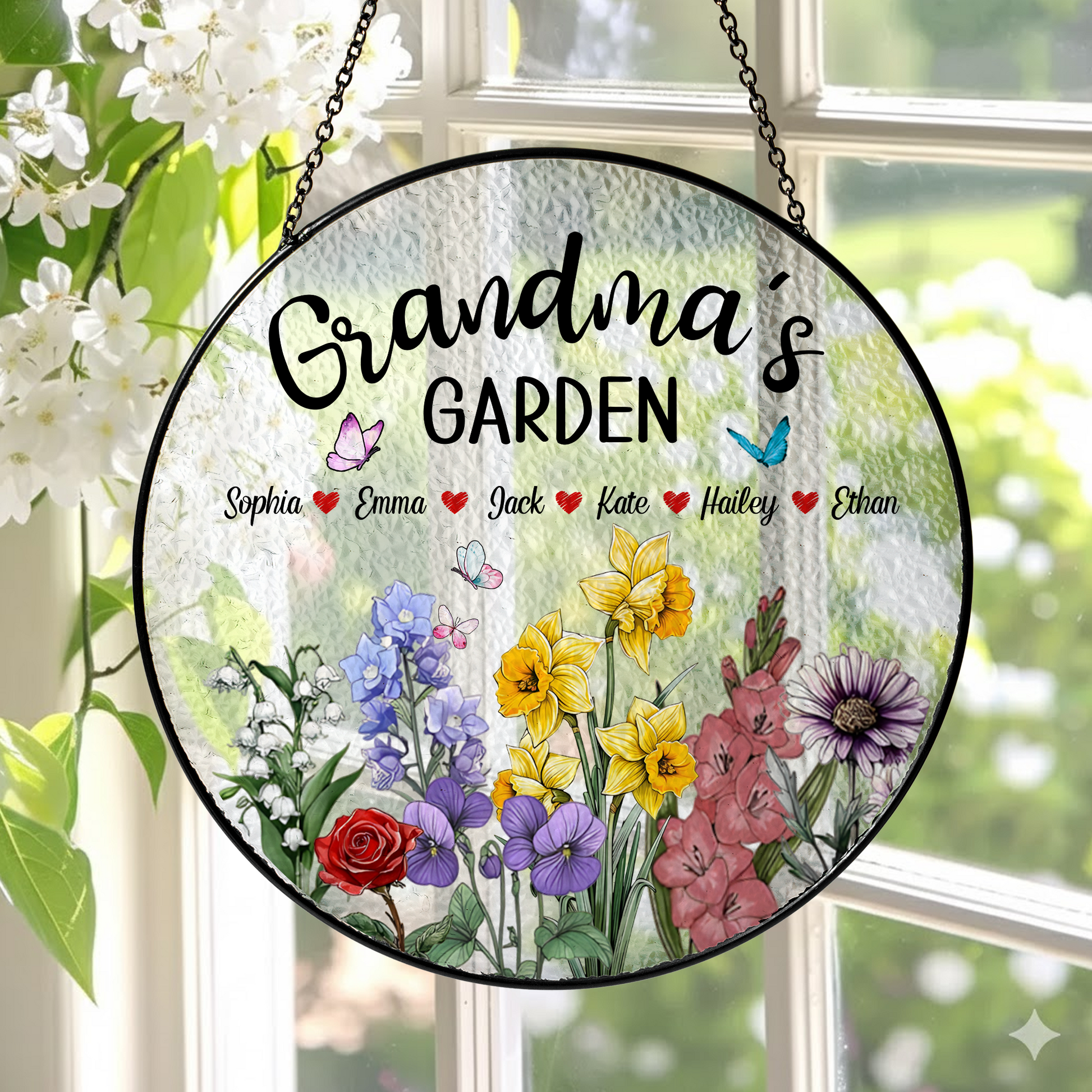 Personalized Grandma’s Garden Stained Glass Suncatcher – Custom Names Floral Window Hanging Gift for Grandma