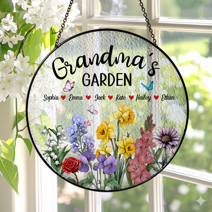 Personalized Grandma’s Garden Stained Glass Suncatcher – Custom Names Floral Window Hanging Gift for Grandma
