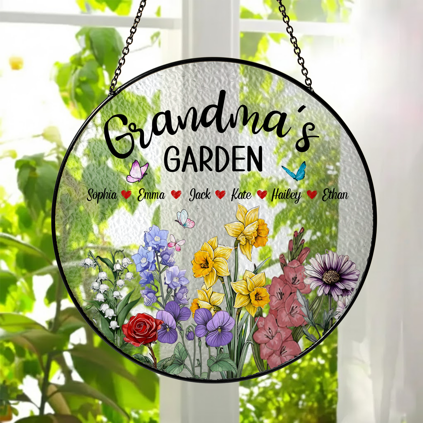 Personalized Grandma’s Garden Stained Glass Suncatcher – Custom Names Floral Window Hanging Gift for Grandma