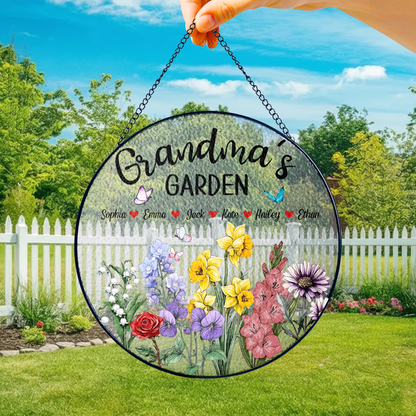 Personalized Grandma’s Garden Stained Glass Suncatcher – Custom Names Floral Window Hanging Gift for Grandma