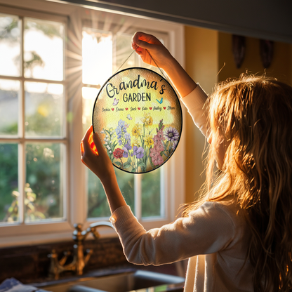 Personalized Grandma’s Garden Stained Glass Suncatcher – Custom Names Floral Window Hanging Gift for Grandma