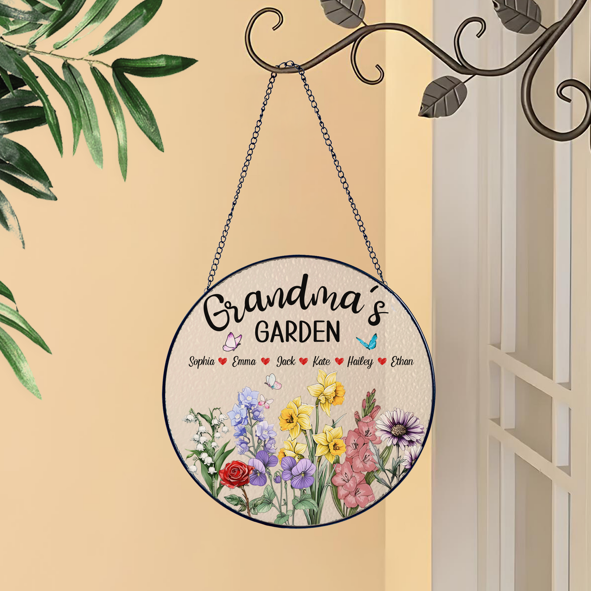 Personalized Grandma’s Garden Stained Glass Suncatcher – Custom Names Floral Window Hanging Gift for Grandma