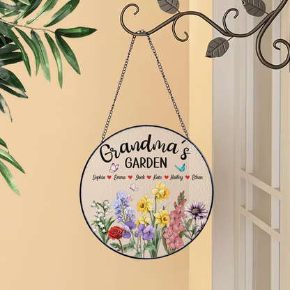 Personalized Grandma’s Garden Stained Glass Suncatcher – Custom Names Floral Window Hanging Gift for Grandma