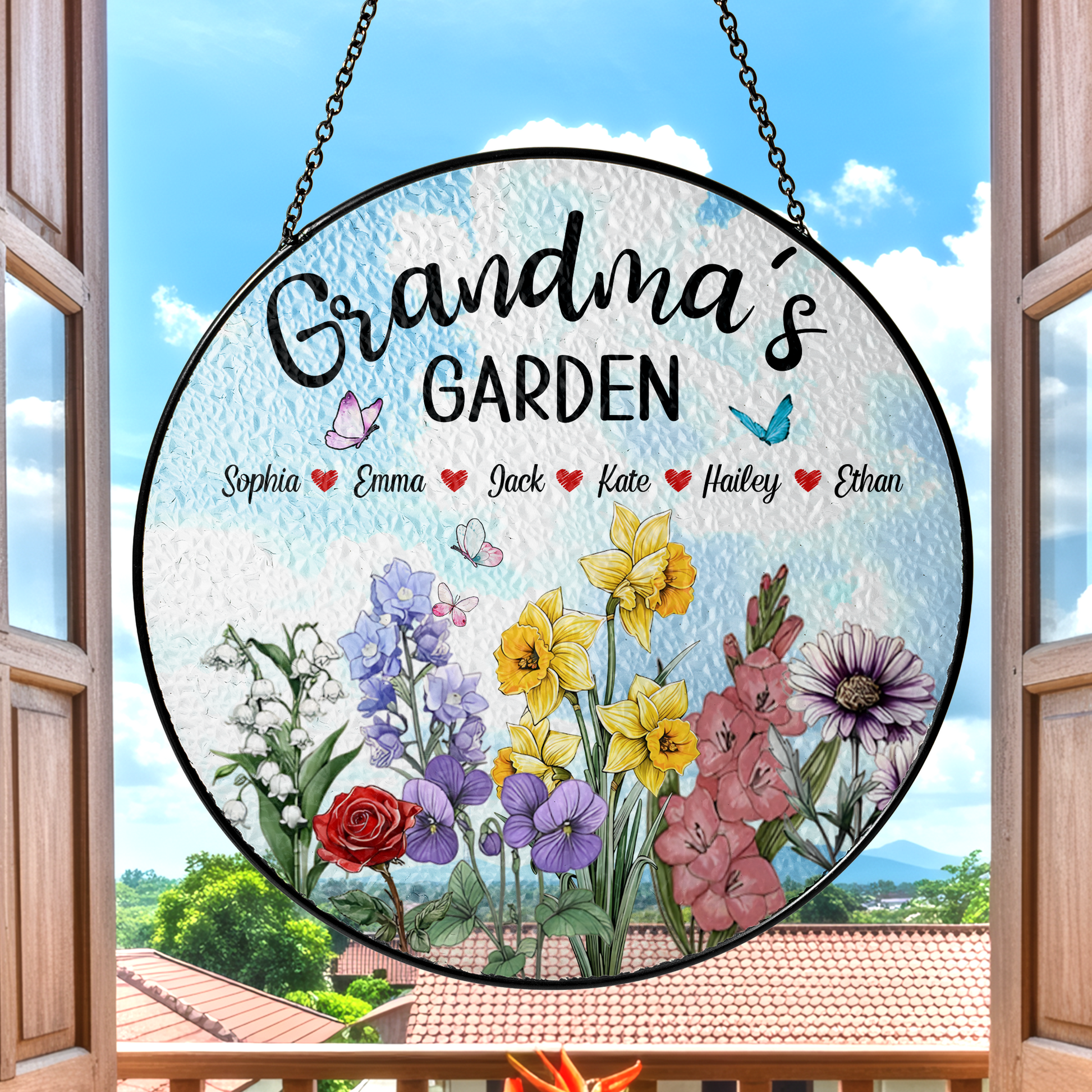 Personalized Grandma’s Garden Stained Glass Suncatcher – Custom Names Floral Window Hanging Gift for Grandma