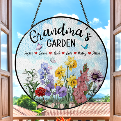 Personalized Grandma’s Garden Stained Glass Suncatcher – Custom Names Floral Window Hanging Gift for Grandma
