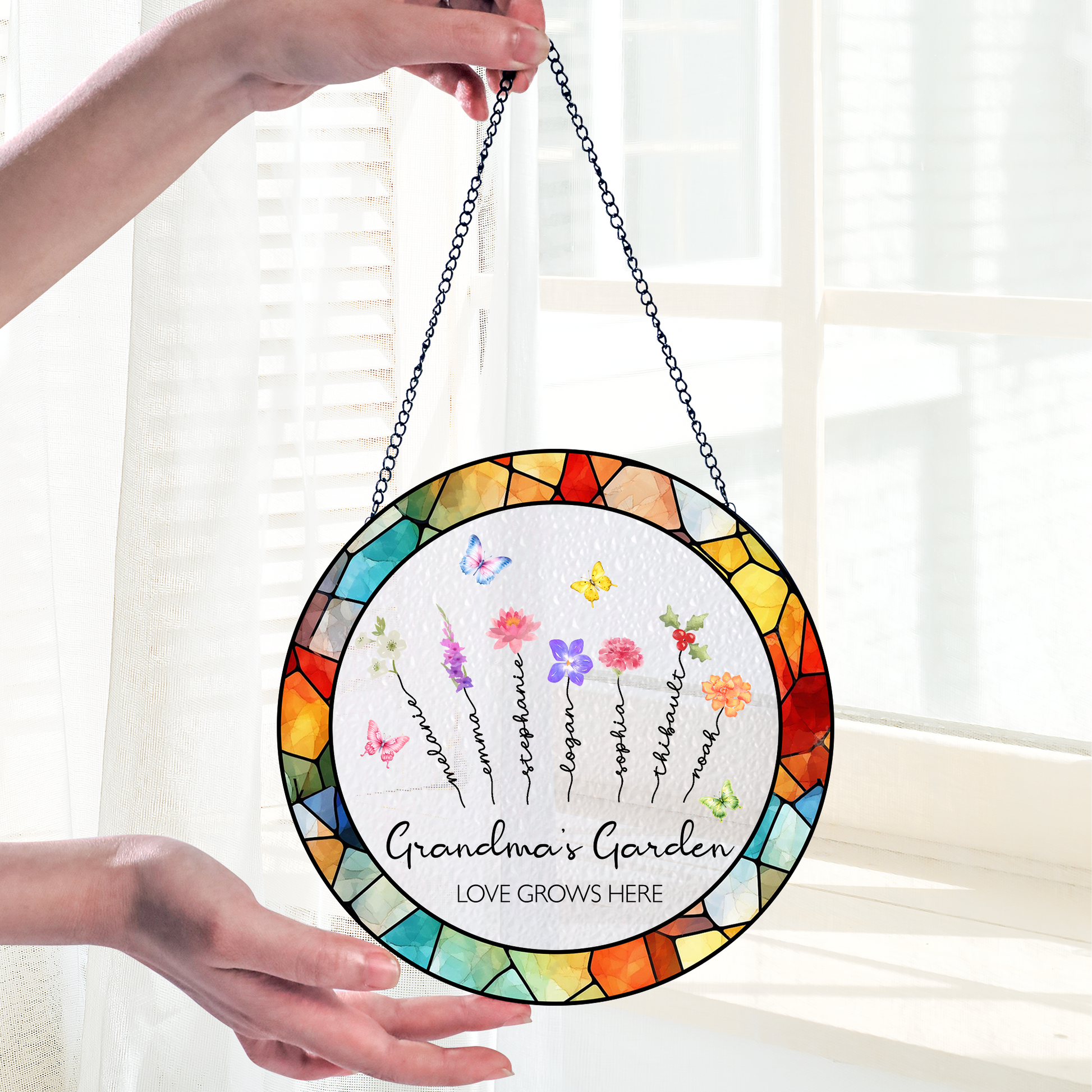 Personalized Grandma’s Garden Stained Glass Suncatcher – Custom Names Window Hanging Gift for Grandma