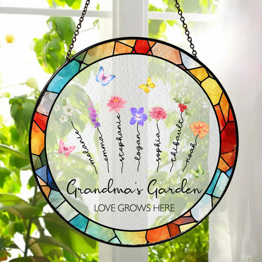 Personalized Grandma’s Garden Stained Glass Suncatcher – Custom Names Window Hanging Gift for Grandma