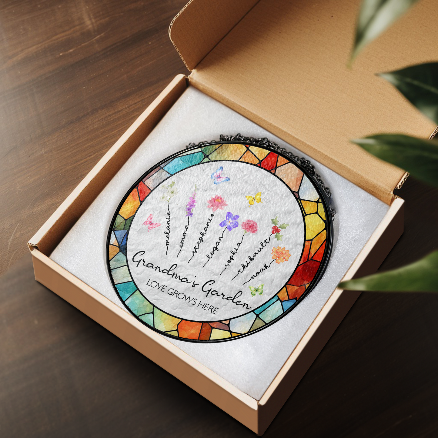 Personalized Grandma’s Garden Stained Glass Suncatcher – Custom Names Window Hanging Gift for Grandma