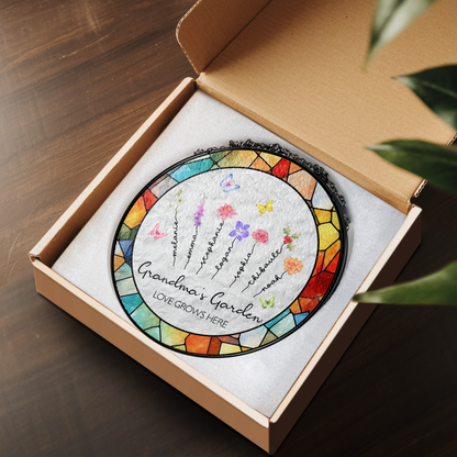 Personalized Grandma’s Garden Stained Glass Suncatcher – Custom Names Window Hanging Gift for Grandma