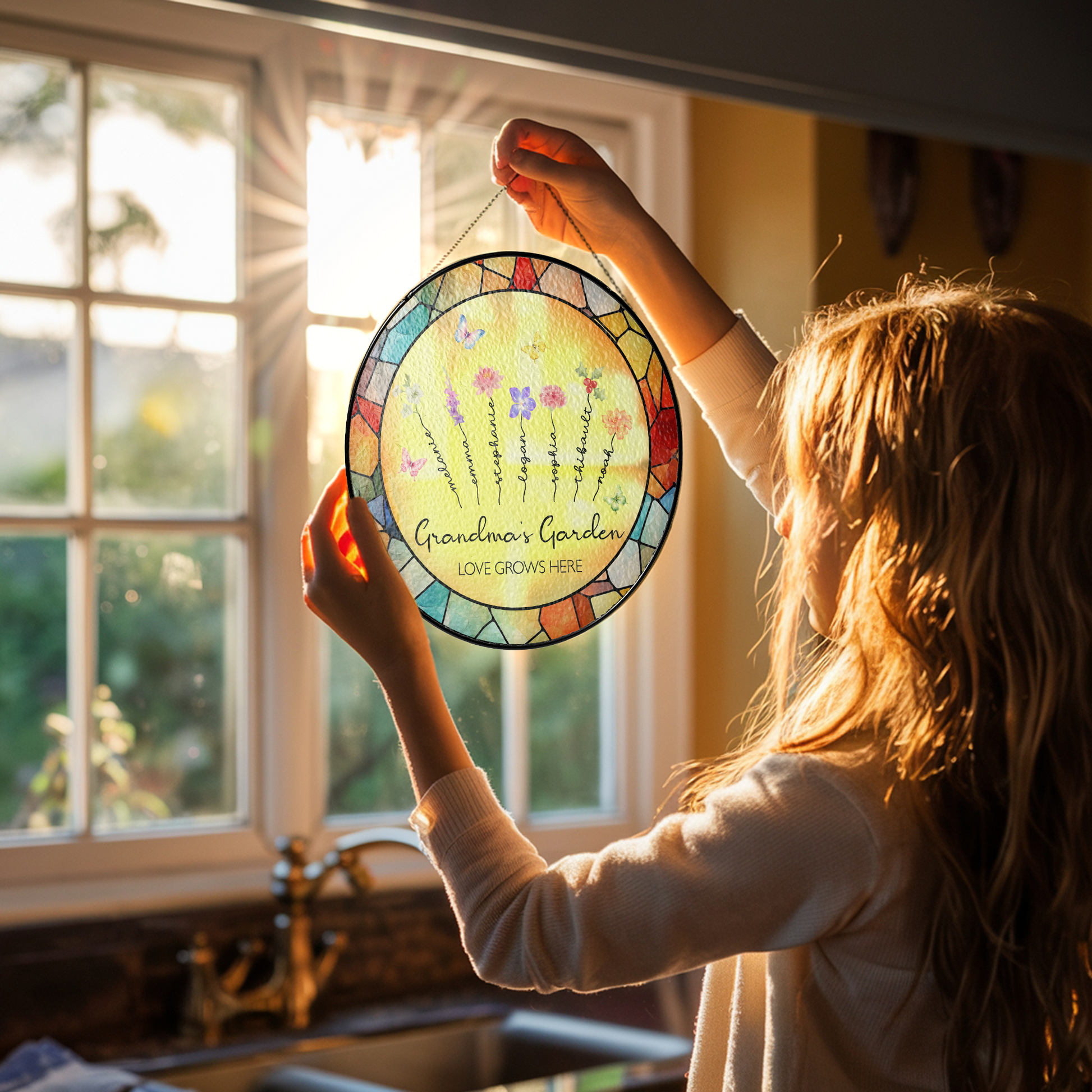 Personalized Grandma’s Garden Stained Glass Suncatcher – Custom Names Window Hanging Gift for Grandma