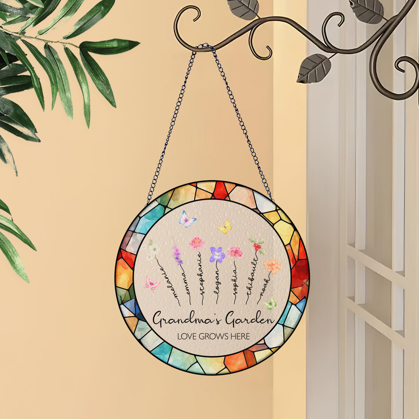 Personalized Grandma’s Garden Stained Glass Suncatcher – Custom Names Window Hanging Gift for Grandma