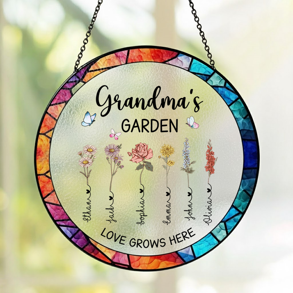 Personalized Grandma’s Garden Stained Glass Suncatcher – Custom Names Window Hanging Gift for Grandma