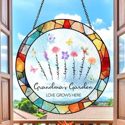 Personalized Grandma’s Garden Stained Glass Suncatcher – Custom Names Window Hanging Gift for Grandma
