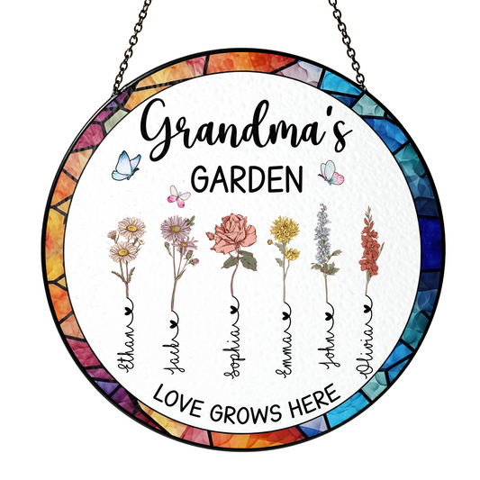 Personalized Grandma’s Garden Stained Glass Suncatcher – Custom Names Window Hanging Gift for Grandma