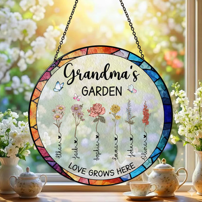 Personalized Grandma’s Garden Stained Glass Suncatcher – Custom Names Window Hanging Gift for Grandma