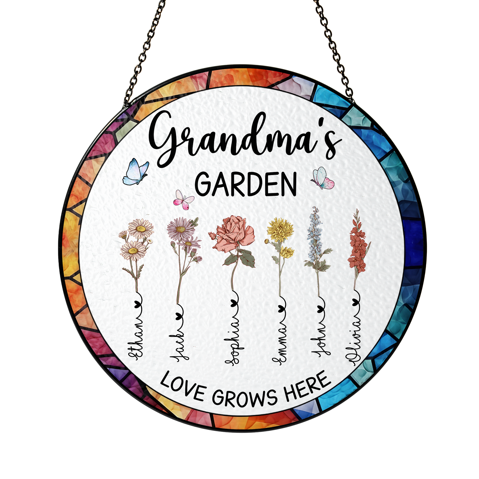 Personalized Grandma’s Garden Stained Glass Suncatcher – Custom Names Window Hanging Gift for Grandma