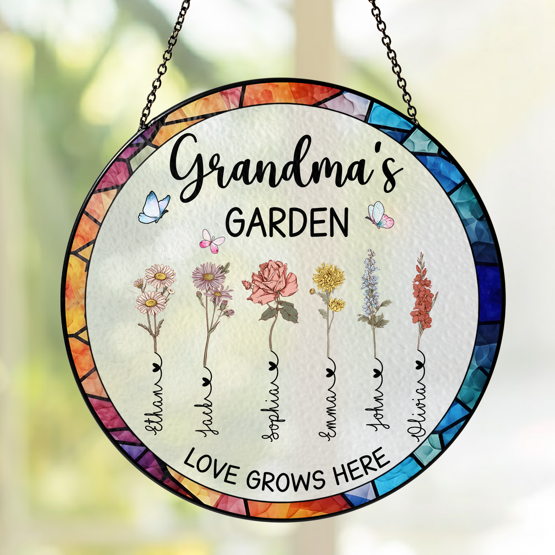 Personalized Grandma’s Garden Stained Glass Suncatcher – Custom Names Window Hanging Gift for Grandma